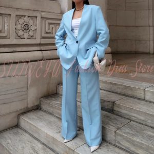 Women Sky Blue Suit Set Elegant Office Jacket and Pants Outfit